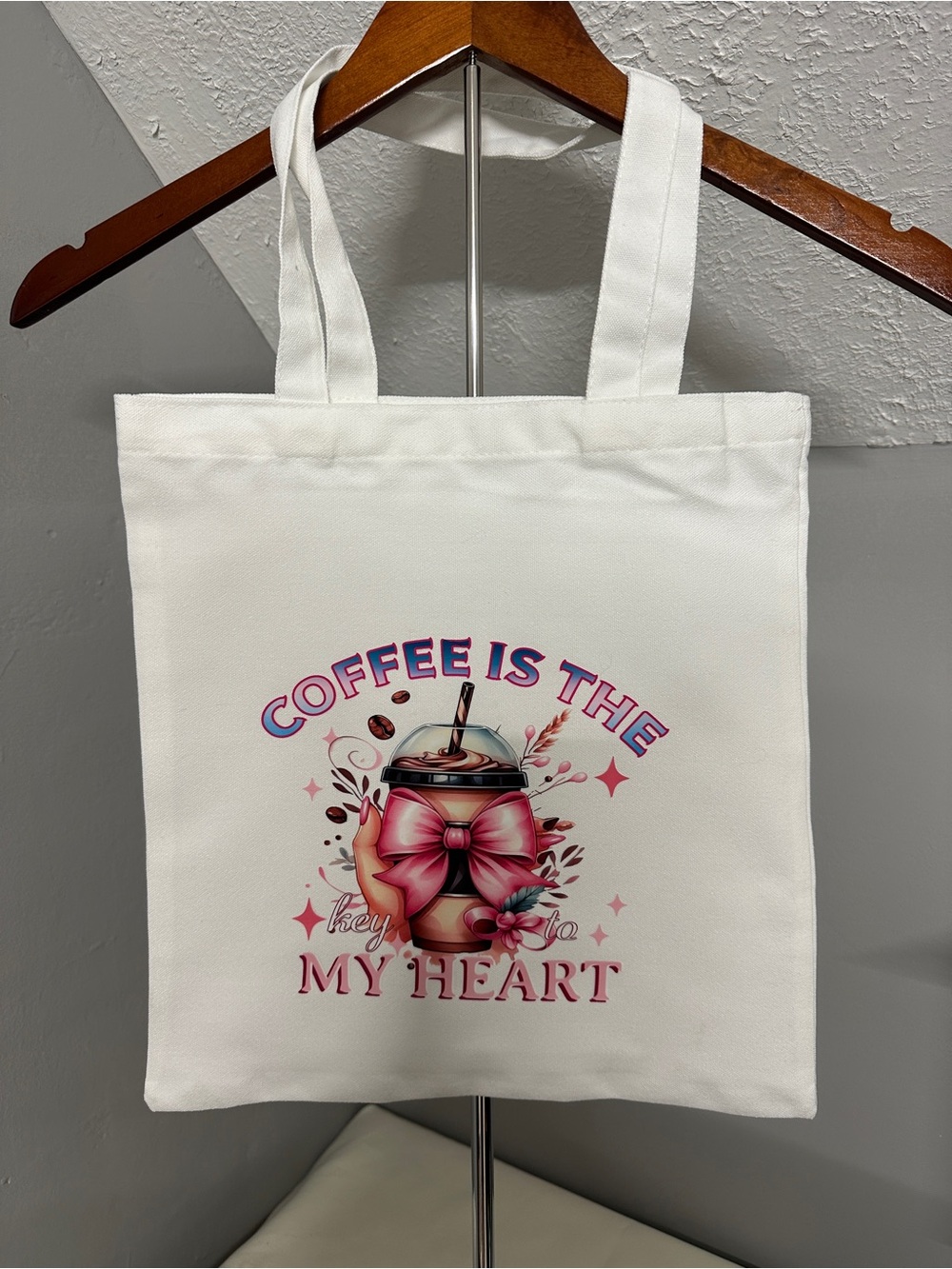 Coffee Is The Key To My Heart Pink Bow Tote